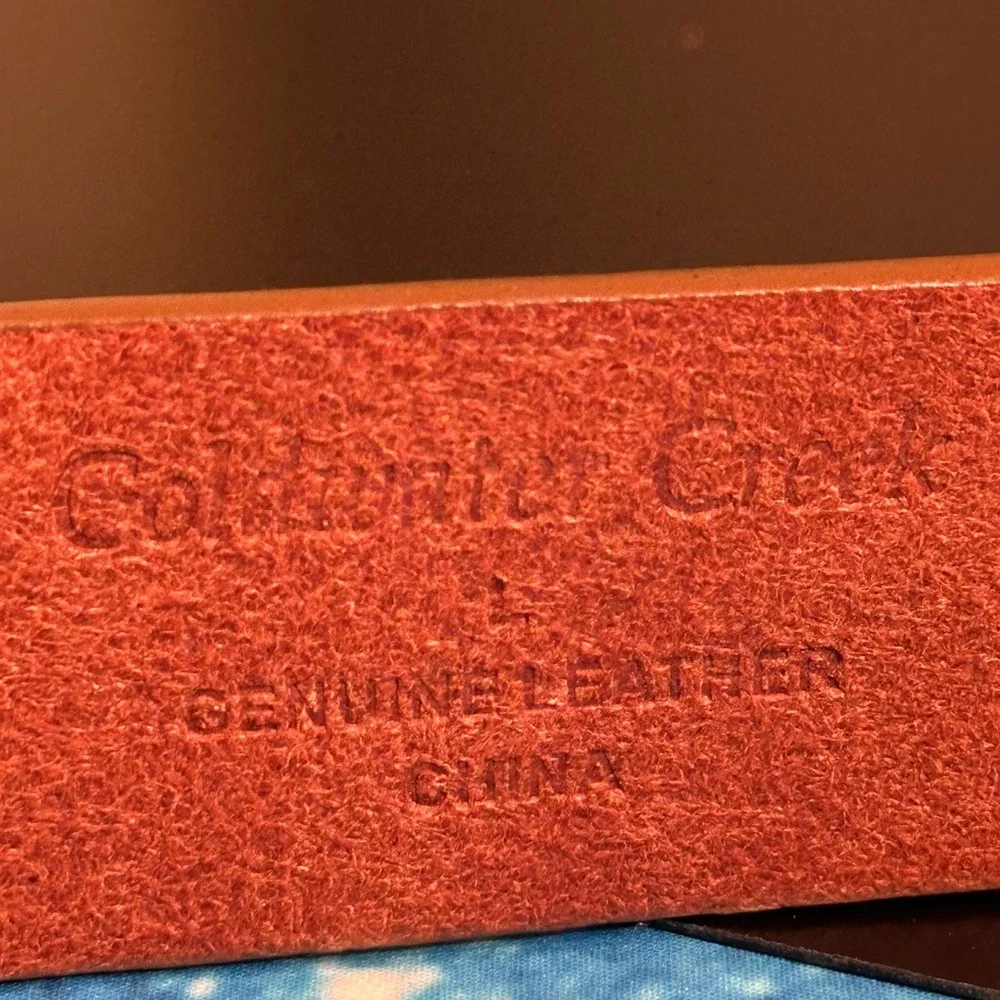 Coldwater Creek Mens Orange Genuine Leather Embossed Floral Belt Brass Buckle L